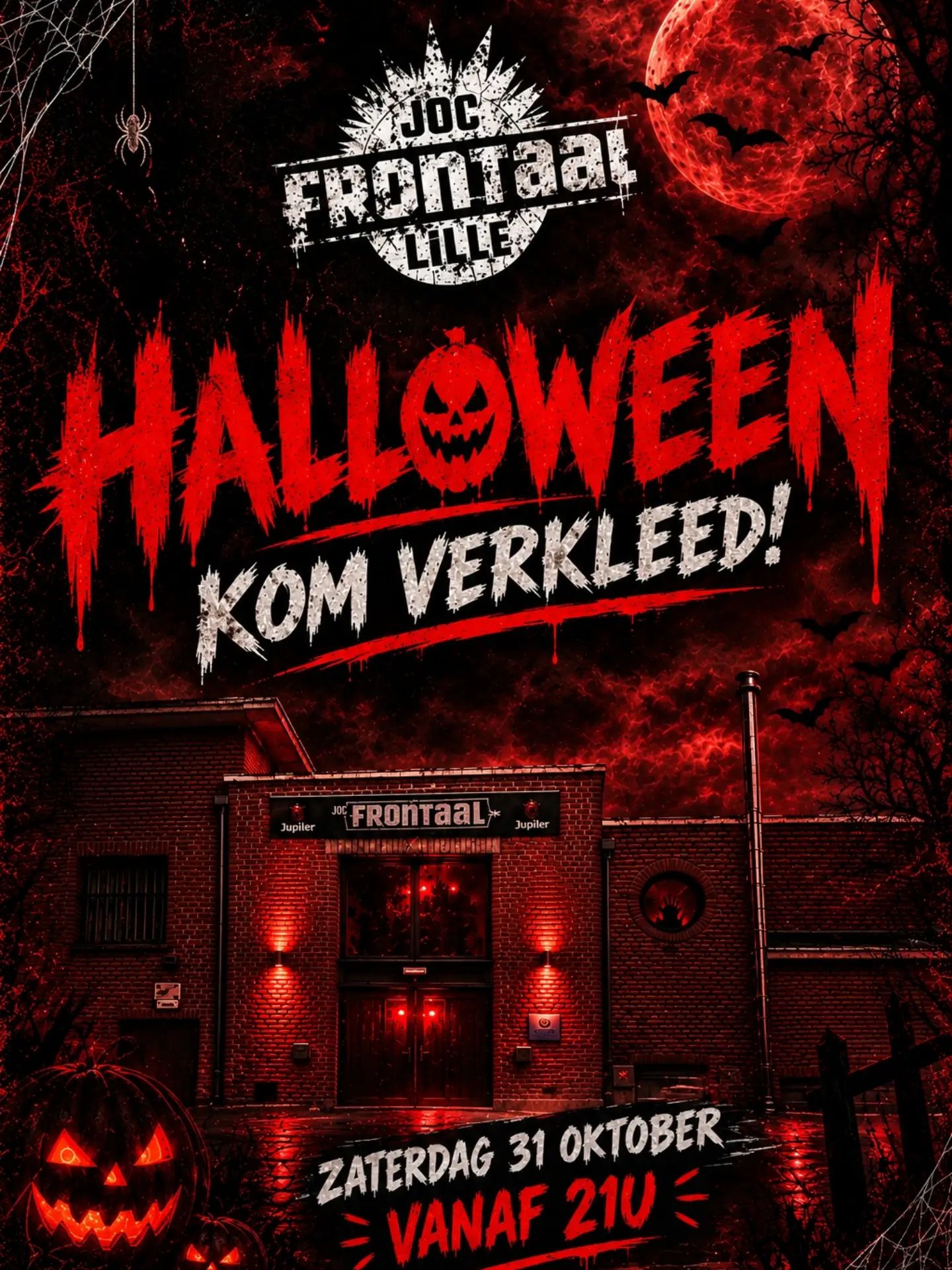 Affiche Halloween in JOC Frontaal: rood-zwarte griezelaffiche met het jeugdhuis, Kom verkleed!, zaterdag 31 oktober vanaf 21u.