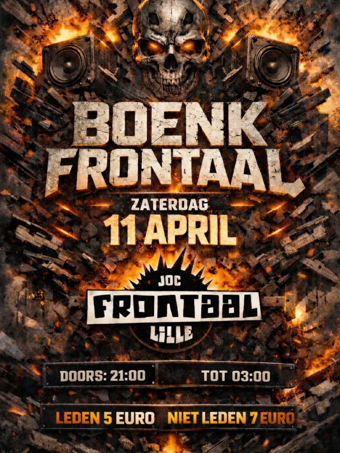 Affiche BOENK Frontaal, zaterdag 11 april, vurige affiche met doodskop en luidsprekers. Doors 21u00 tot 03u00.