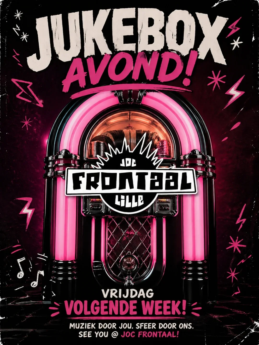 Affiche Jukebox avond! met een roze neon jukebox en het logo van JOC Frontaal: muziek door jou, sfeer door ons.